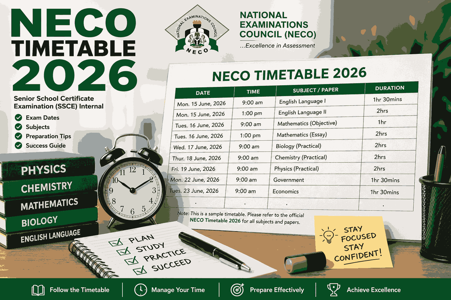 NECO Timetable 2026: Official NECO SSCE Timetable PDF, Exam Dates, Subjects & Complete Guide